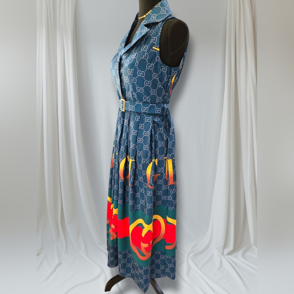Blue Patterned Maxi Dress with Belt - Picture 6 of 8